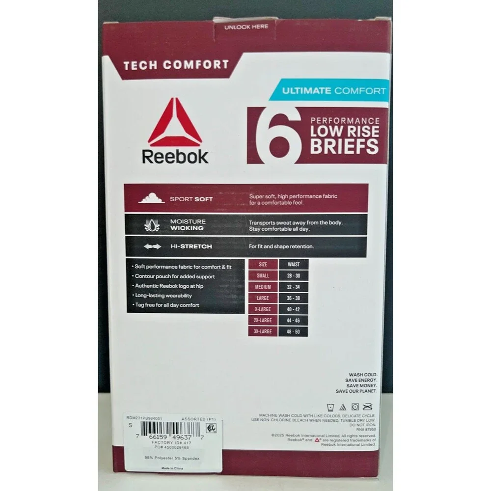 6 Pack Medium Men’s Reebok Low Rise Performance Briefs Size S Contour Pouch